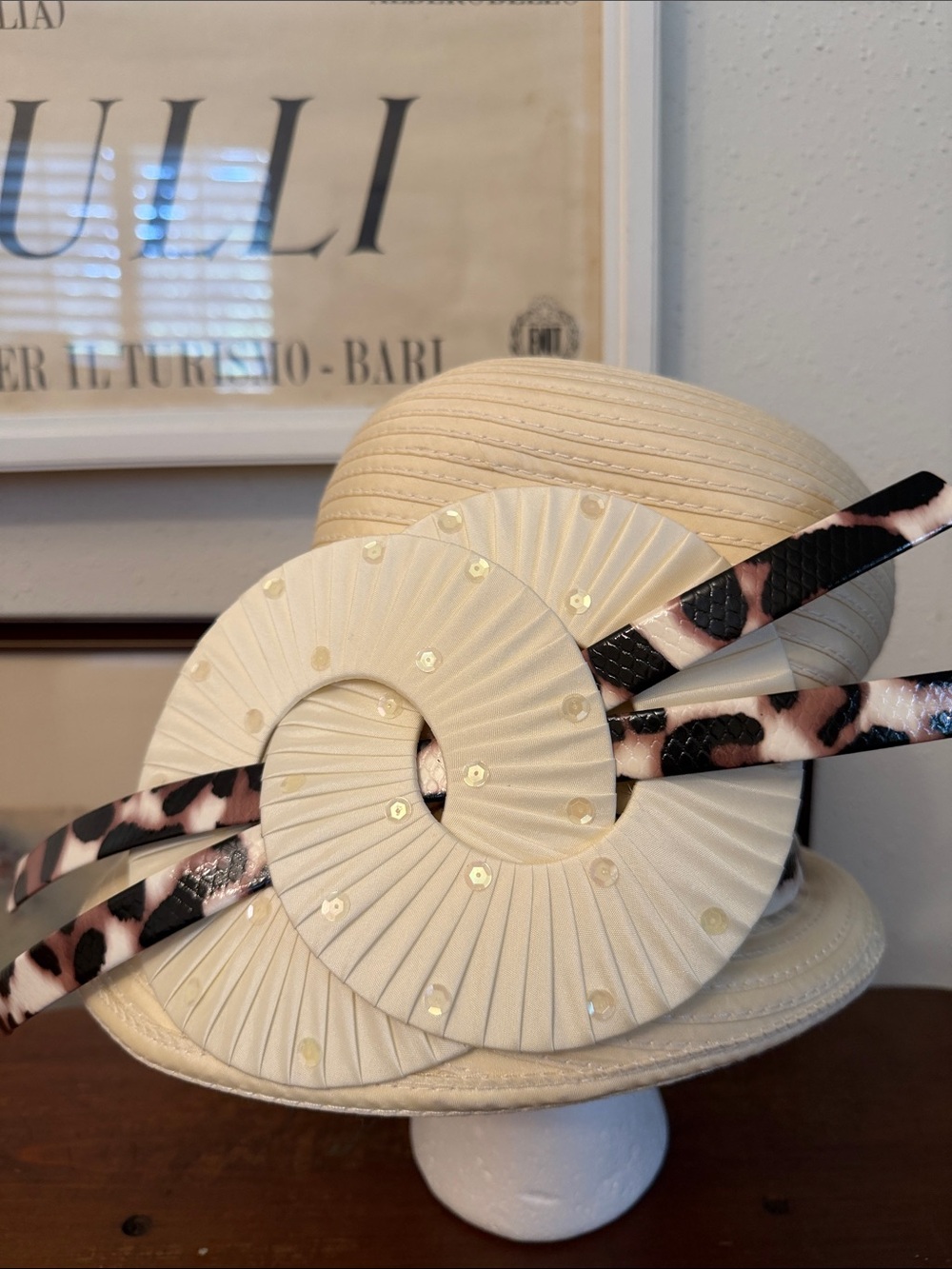 Ashro Cream Straw Hat with White and Black Leopard Trim NWT